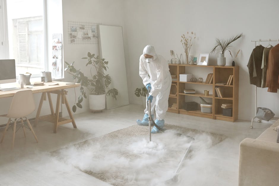 A professional cleaning specialist dressed in full protective gear including a white coverall, gloves, mask, and goggles, conducts emergency carpet cleaning in a modern living room. The technician use